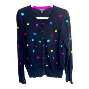 Foxcroft Sweater Womens XL Black Multicolored Squares Button Front Cardigan